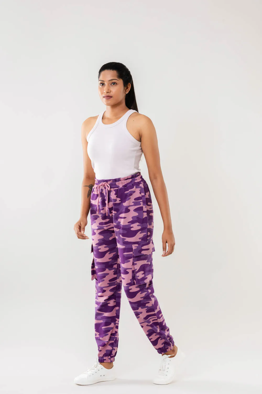 Women Purple Camo Print Cargo Joggers