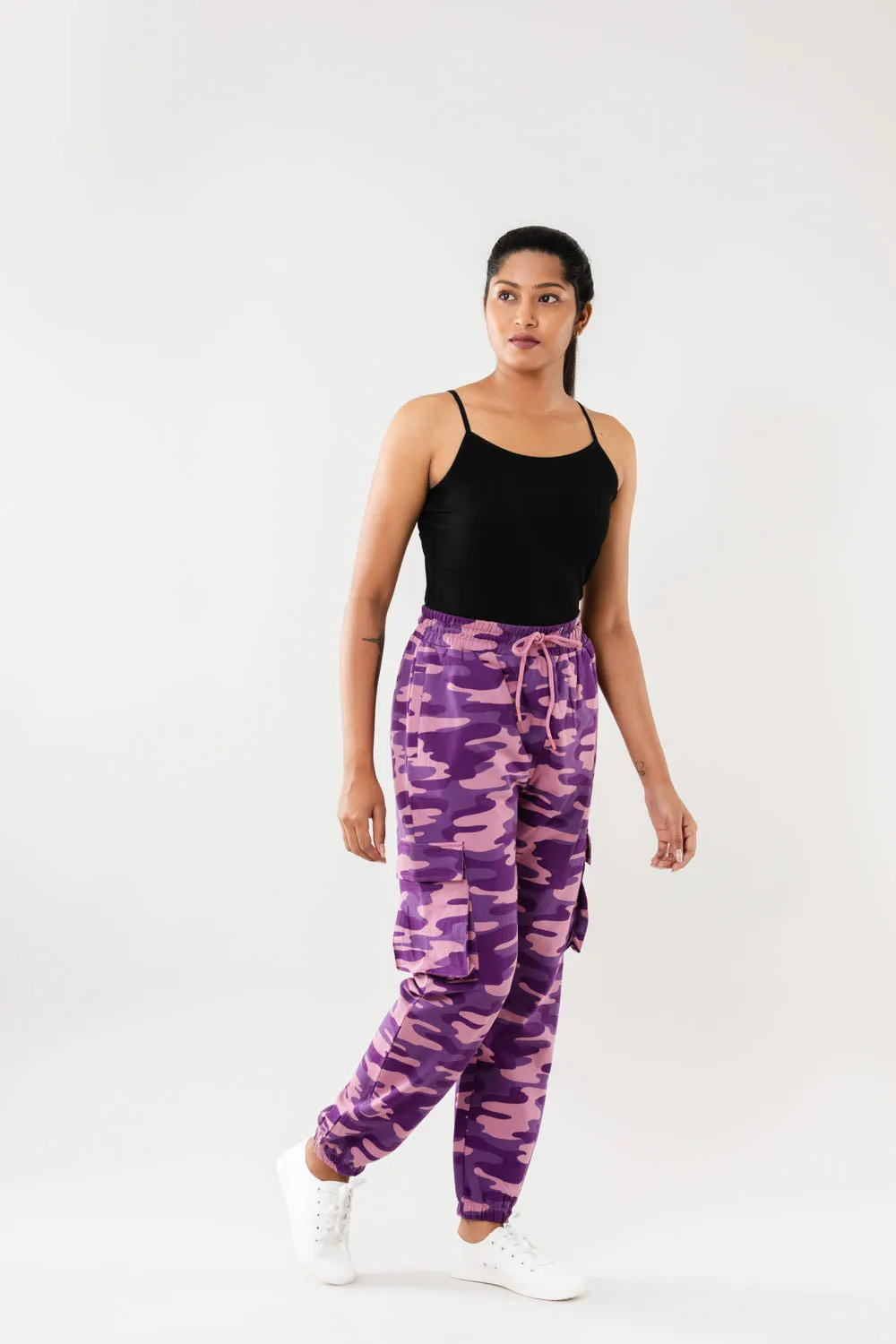 Women Purple Camo Print Cargo Joggers