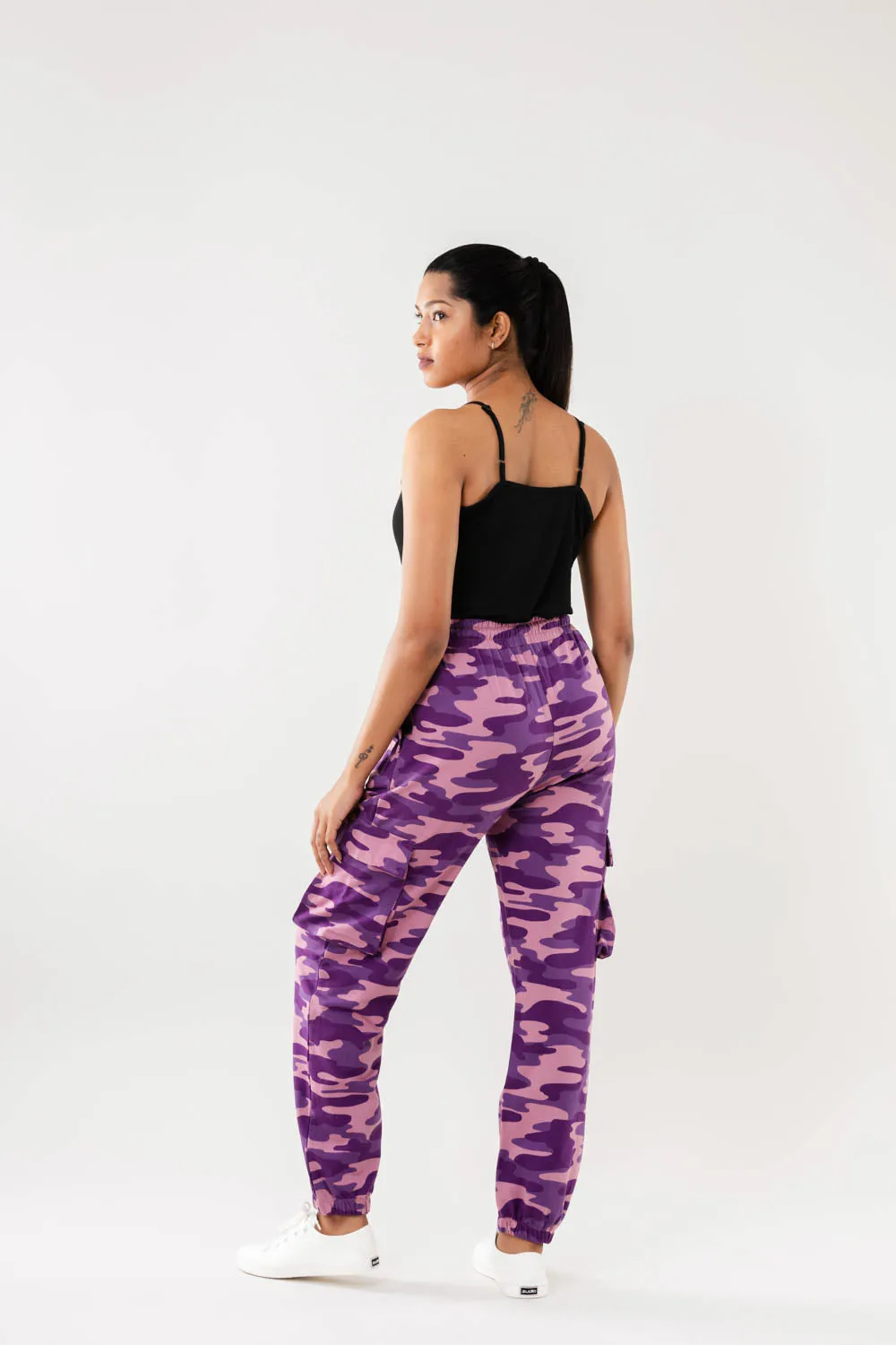 Women Purple Camo Print Cargo Joggers