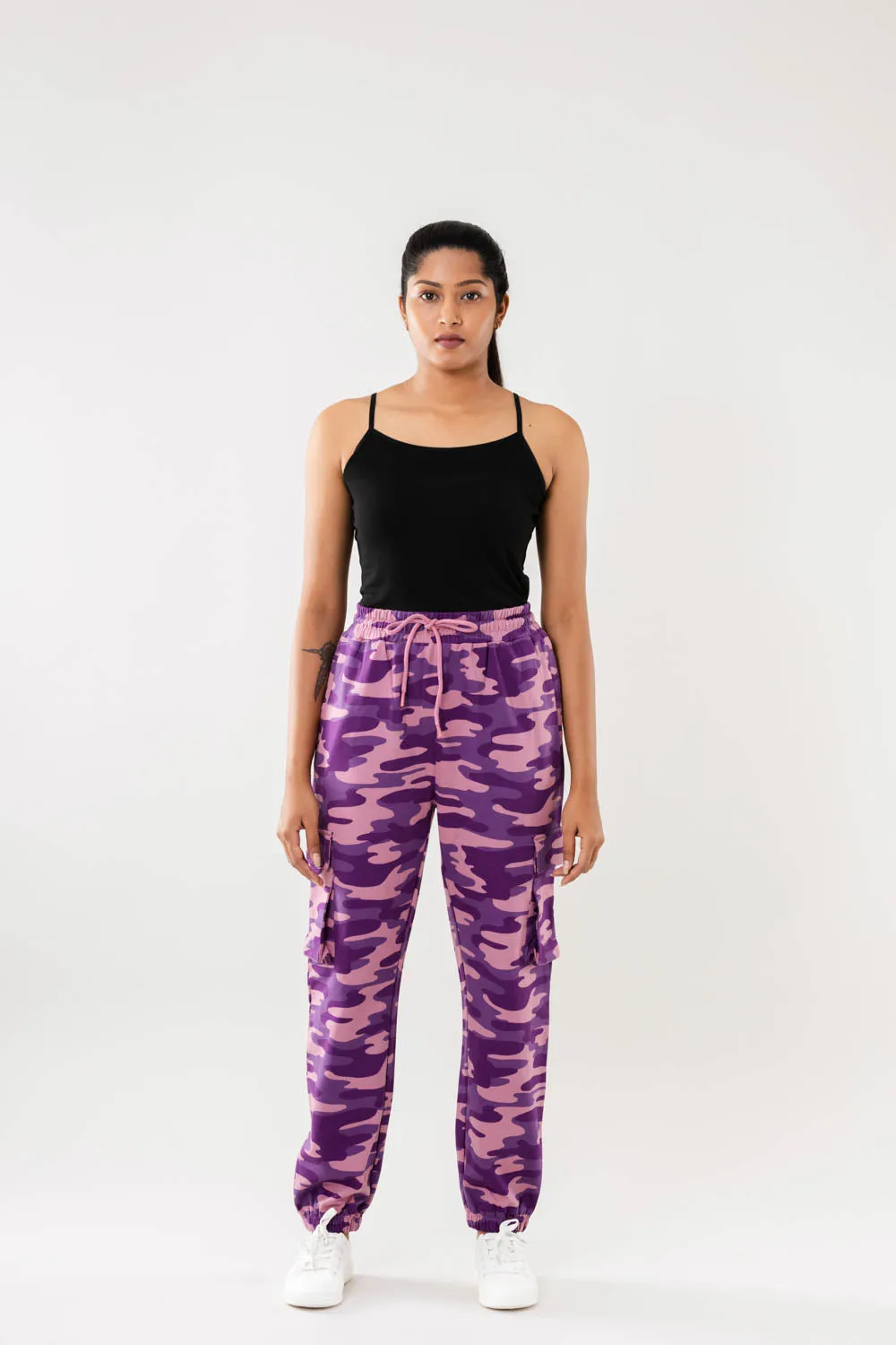 Women Purple Camo Print Cargo Joggers