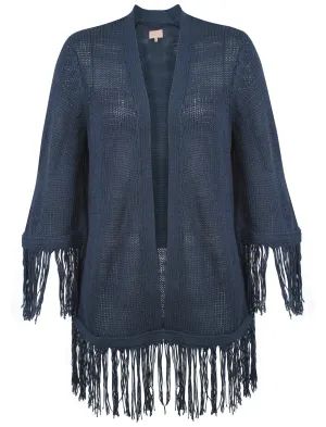 Women's fringed hem and cuffs navy cardigan - Plum Tree