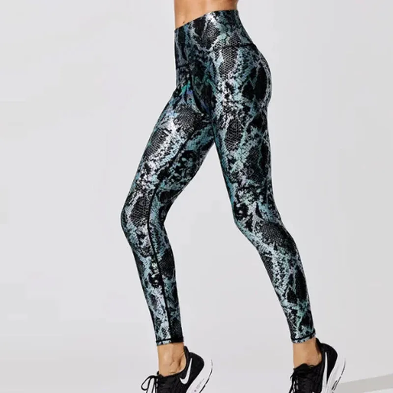 Women’s Retro Metallic Snake Gym Leggings Blue Silver Shiny Legging Fitness Bottoms for High Rise Workout and Yoga