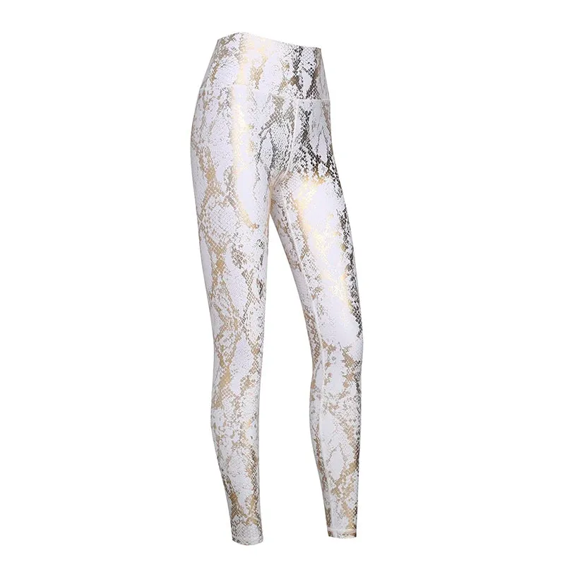 Women’s Retro Metallic Snake Gym Leggings Blue Silver Shiny Legging Fitness Bottoms for High Rise Workout and Yoga