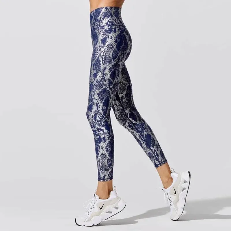 Women’s Retro Metallic Snake Gym Leggings Blue Silver Shiny Legging Fitness Bottoms for High Rise Workout and Yoga