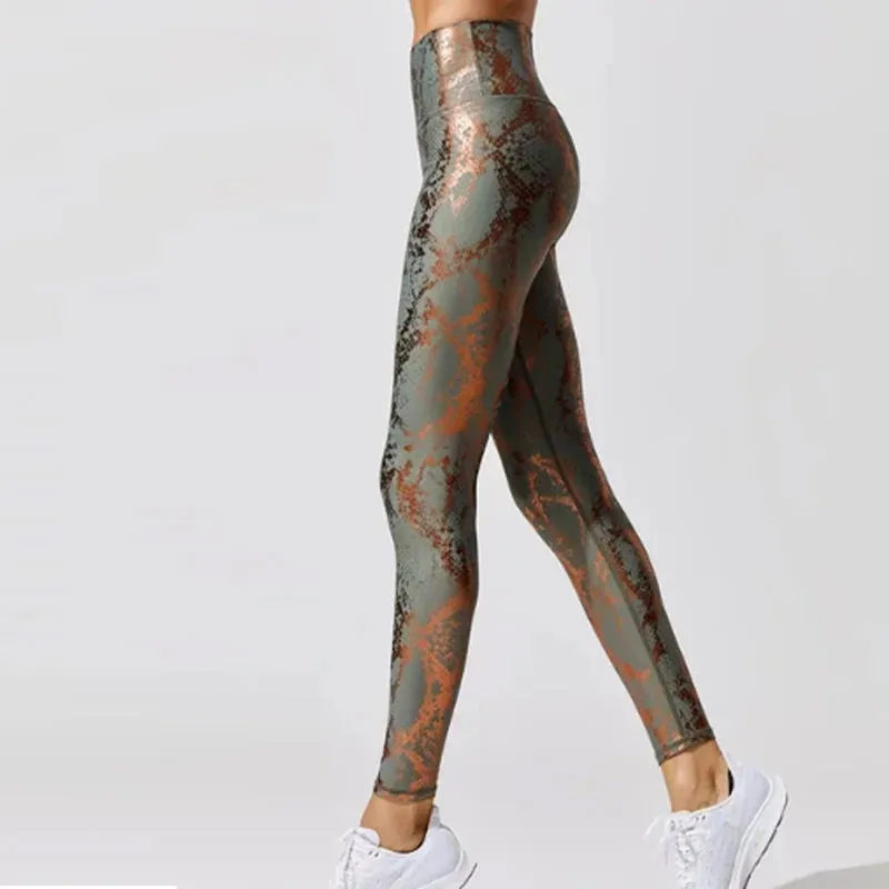 Women’s Retro Metallic Snake Gym Leggings Blue Silver Shiny Legging Fitness Bottoms for High Rise Workout and Yoga