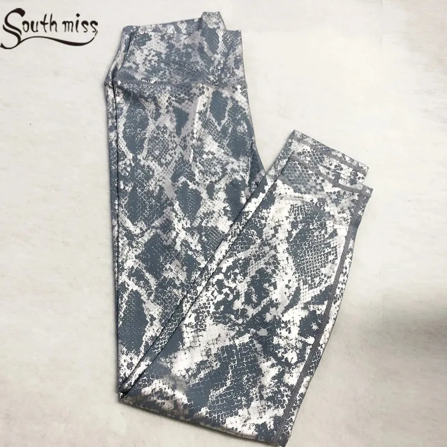 Women’s Retro Metallic Snake Gym Leggings Blue Silver Shiny Legging Fitness Bottoms for High Rise Workout and Yoga