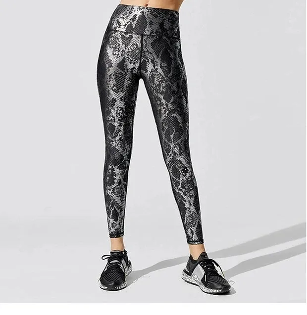 Women’s Retro Metallic Snake Gym Leggings Blue Silver Shiny Legging Fitness Bottoms for High Rise Workout and Yoga