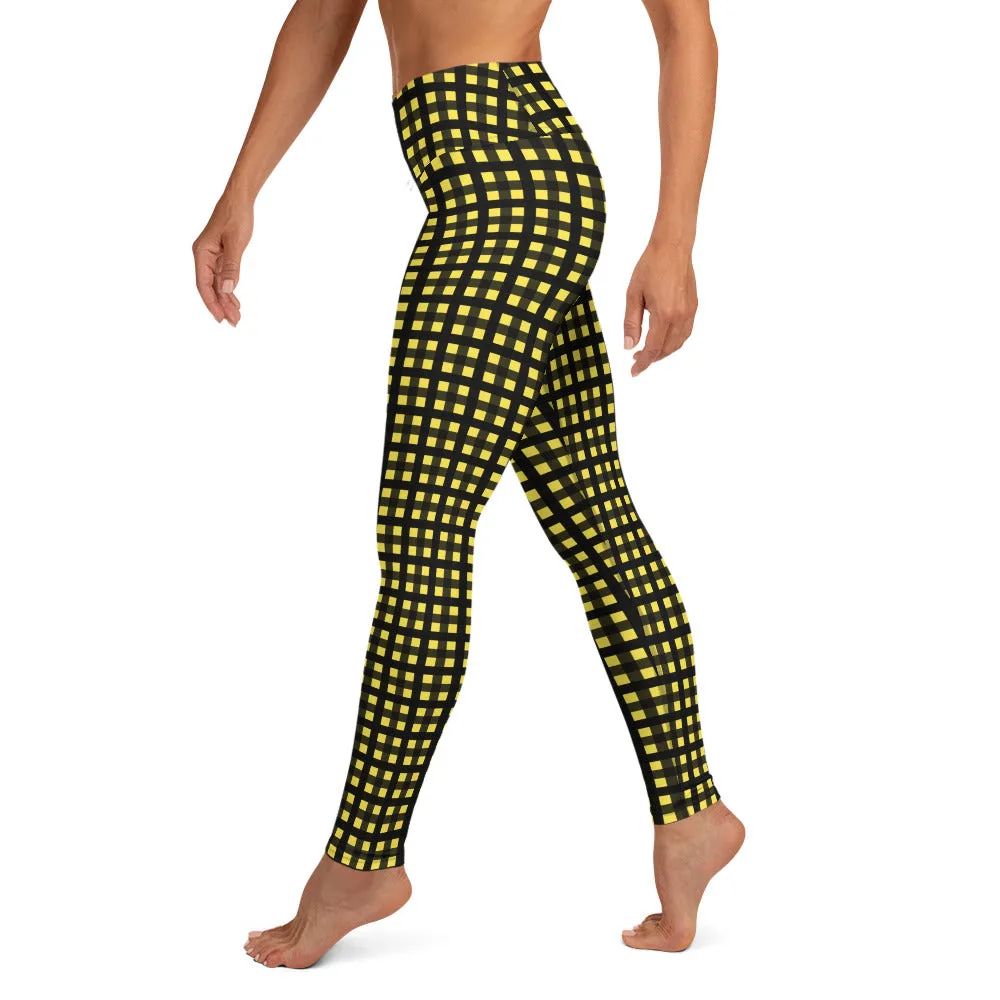 Yellow Buffalo Plaid Women's Leggings, Best Long Yoga Pants Tights- Made in USA/EU