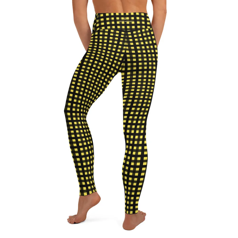Yellow Buffalo Plaid Women's Leggings, Best Long Yoga Pants Tights- Made in USA/EU