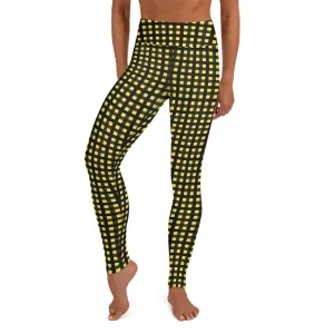 Yellow Buffalo Plaid Women's Leggings, Best Long Yoga Pants Tights- Made in USA/EU