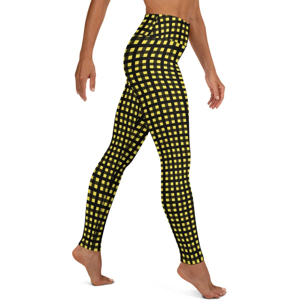 Yellow Buffalo Plaid Women's Leggings, Best Long Yoga Pants Tights- Made in USA/EU
