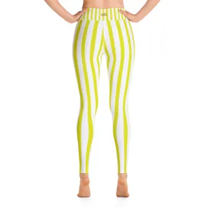 Yellow Striped Women's Leggings, White Active Wear Long Yoga Pants-Made in USA/EU